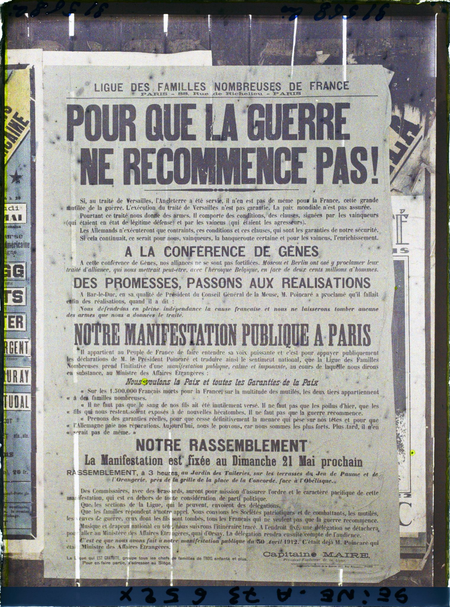 Image représentant Affiche de la Ligue des familles nombreuses de France, appel à une manifestation pacifique pour l'application du traité de Versailles
