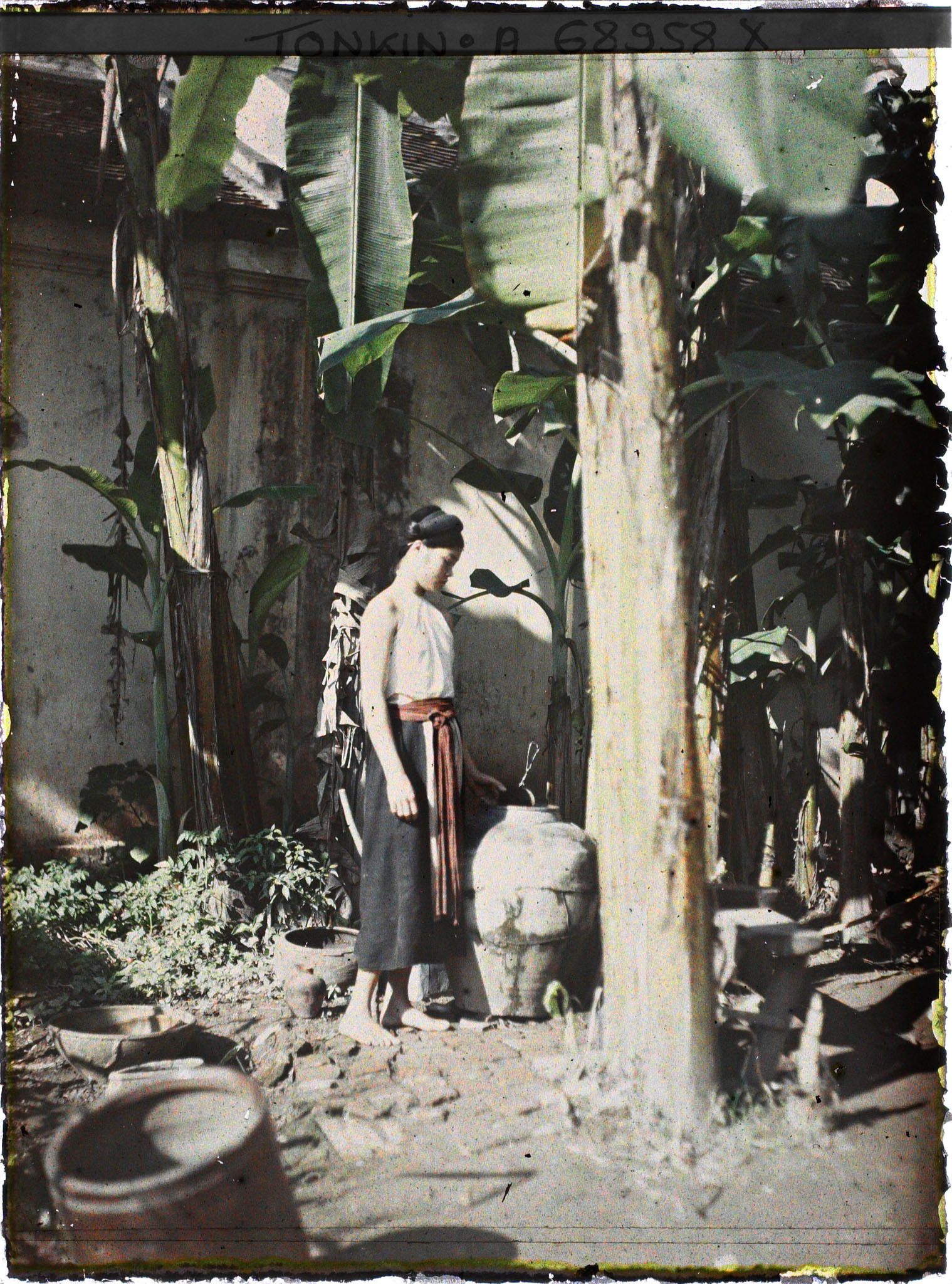 Image représentant Une jeune fille en cache-sein et turban dans un coin de cour planté de bananiers