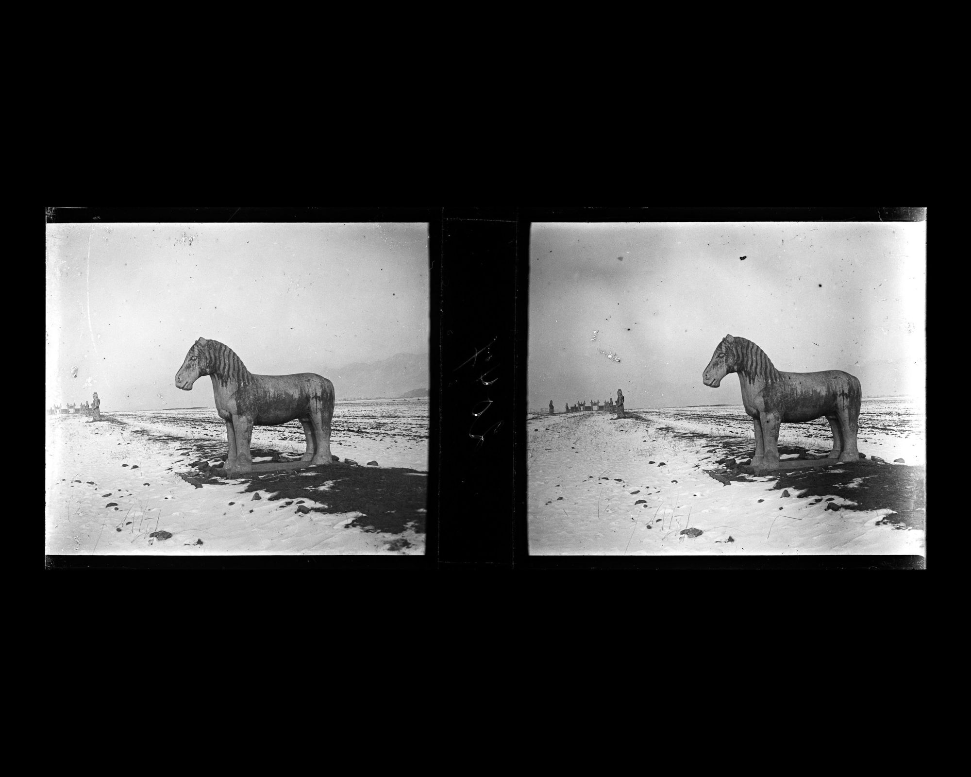 Image représentant Ming Shisanling ("Treize Tombeaux des Ming"). L'un des deux chevaux debout de l'allée des statues