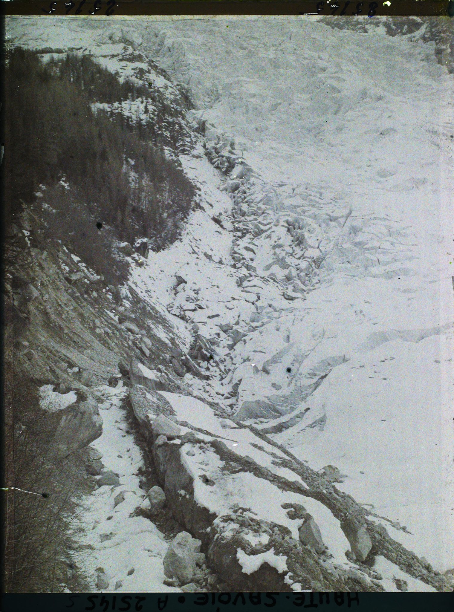 Image représentant France Les Alpes, Glacier des Bossons : La rive droite du glacier des Bossons vers le Glacier Supérieur