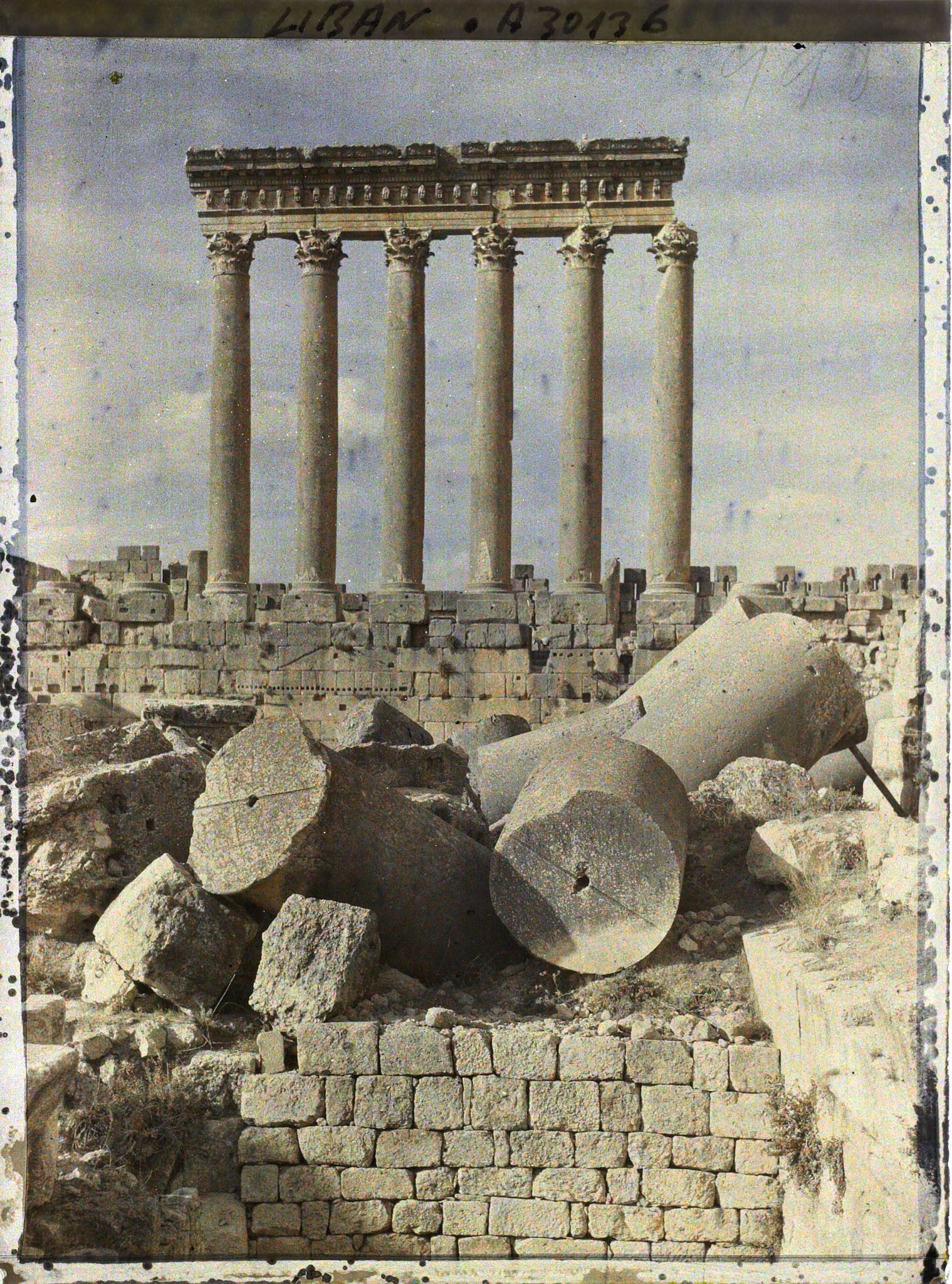 Image représentant Vue, côté externe, des six colonnes restantes du péristyle méridional du sanctuaire du Temple de Jupiter Héliopolitain