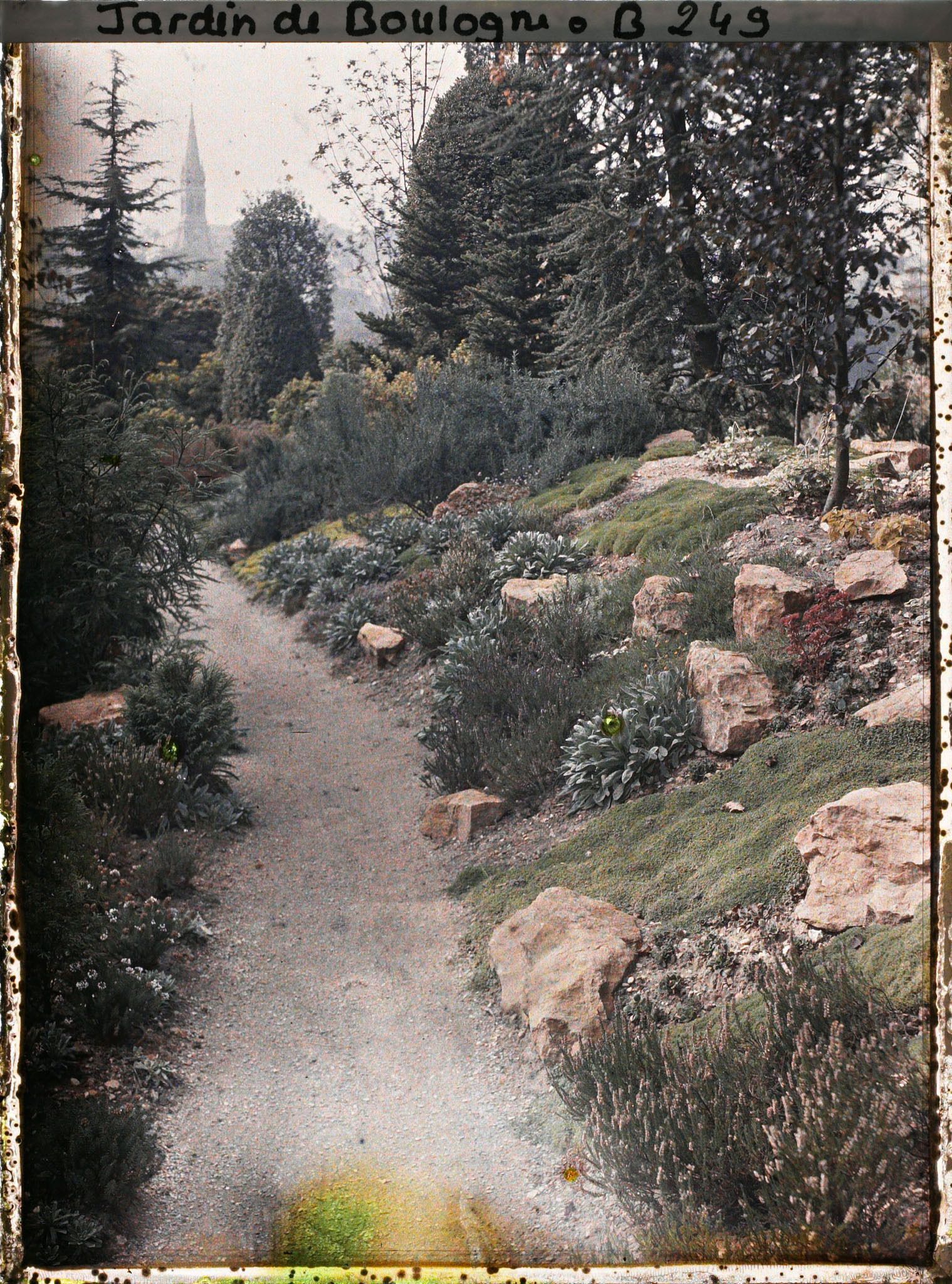 Image représentant Clocher de Saint-Cloud, au-delà d'un chemin du " jardin chinois " traversant un espace rocailleux et arboré