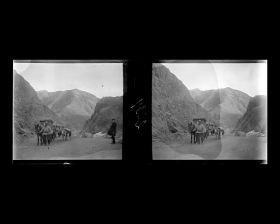 Image représentant Sur la route d'accès à la Grande Muraille, un Chinois d'au-delà de la passe (guanwai) mène une caravane d'ânes et de mulets.