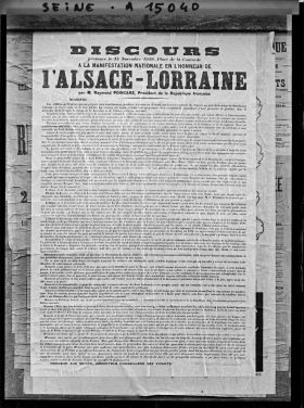 Image représentant Affiche du discours prononcé le 17 novembre 1918 place de la Concorde par Raymond Poincaré pour la manifestation nationale en l'honneur de l'Alsace Lorraine